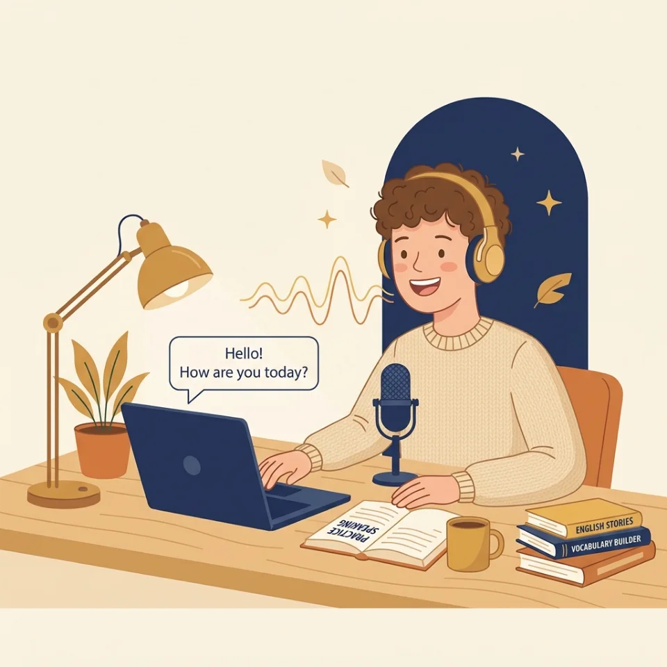 A learner wearing headphones speaking English into a microphone at a desk with a laptop