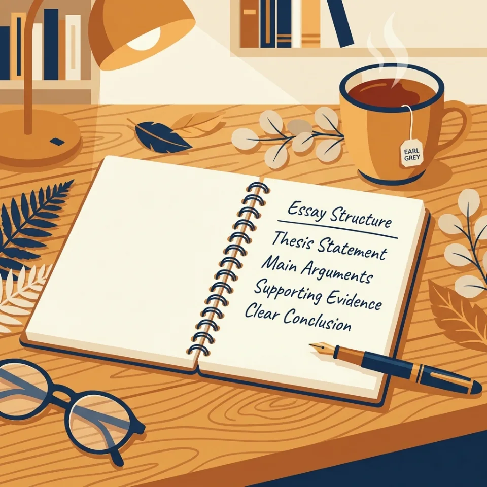 An open study notebook on a wooden desk with a fountain pen, a cup of tea and leaves, with an essay structure written on the page